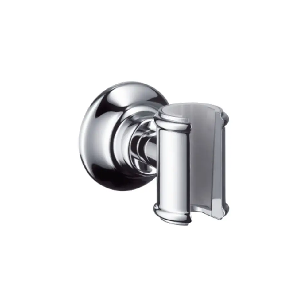 Brausehalter aus verchromtem Metall, rundes Wandteil mit Halterung für die Dusche. Produkt von AXOR, geeignet für verschiedene Badezimmerstile.